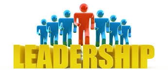 blue stick figures with center red stick figure higher than the rest all standing on the word leadership