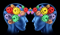 Two heads with gears signifying communication