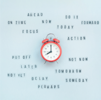 Alarm clock with later, not now, and other words suggesting procrastination